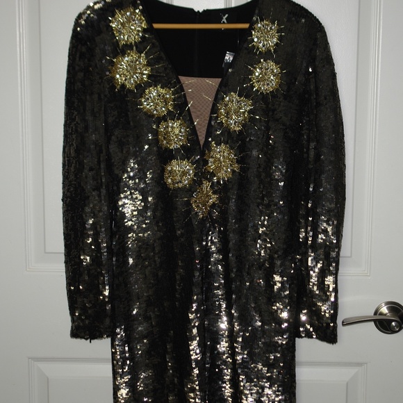 NWT X by NBD Gunmetal Bryson Embellished Mini Dress Beads Sequins Long Sleeves L - Picture 3 of 10